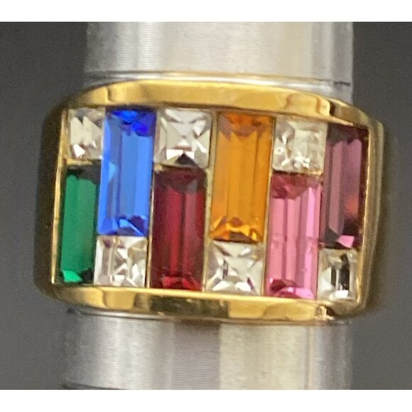 Art Deco Ring Yellow Gold Plated Multicolor Baguette Rhinestone CZ Band Sz 8.5 - Picture 3 of 9
